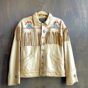 Vintage Ralph Lauren Country Beaded Fringe Tan Leather Jacket M